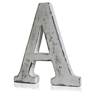 Handmade white letter 'A' from sustainable mango wood with a rustic finish.