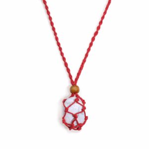 Red macrame necklace cord designed for showcasing gemstones with wooden bead.