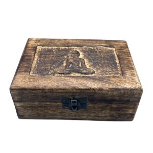 Elegant medium wooden keepsake box featuring a Buddha design.