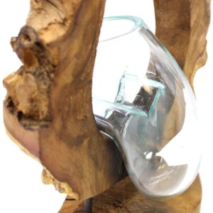 Handcrafted molten glass hanging art vase with wooden base for home decor.