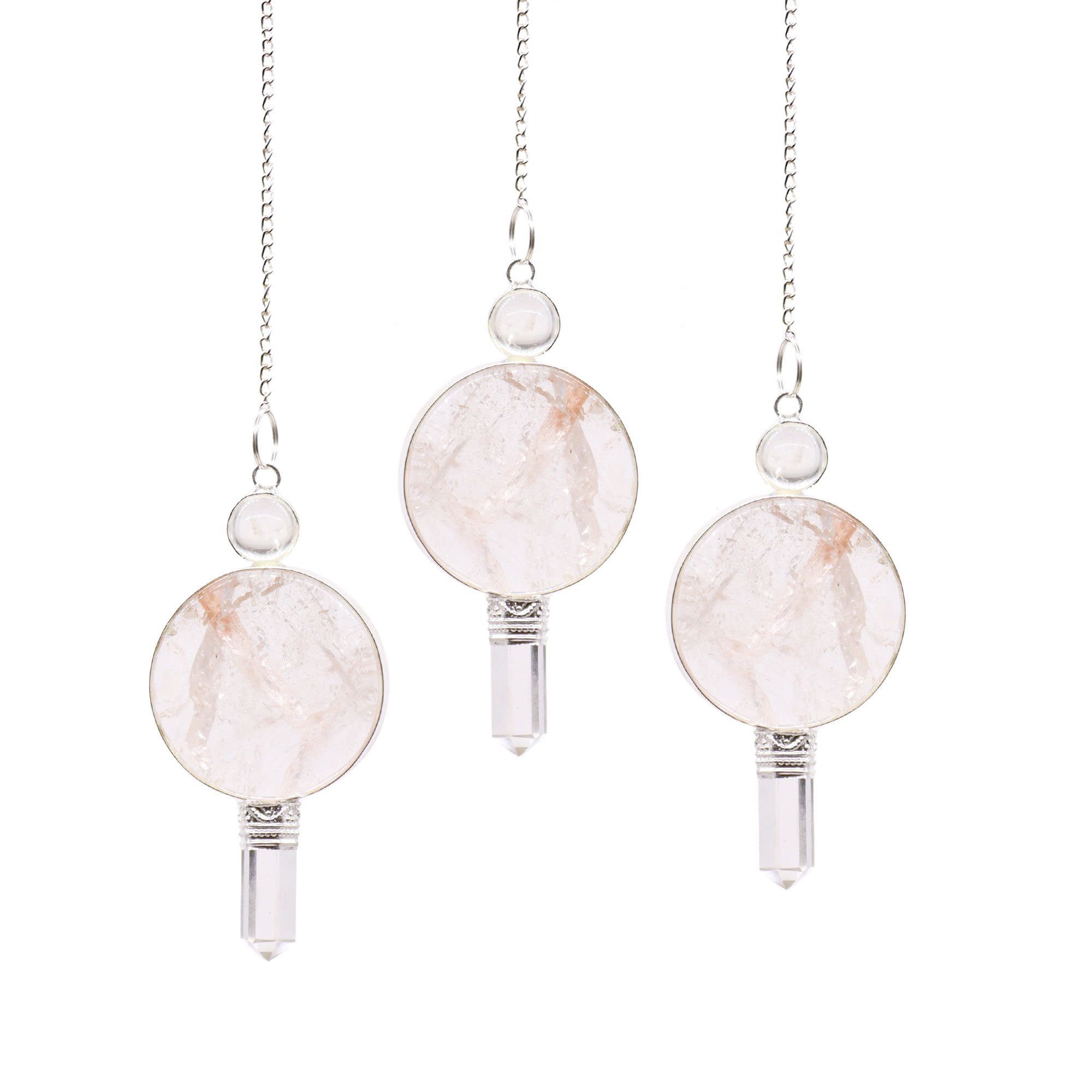 Distinctive pendulum featuring a clear crystal point and large round stone centrepiece.