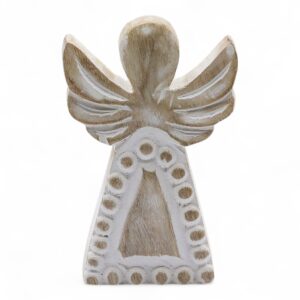 Hand-carved mango wood angel with a soft whitewash finish for home decor.
