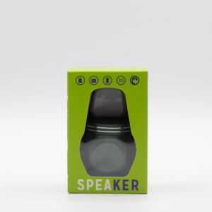 Compact green mini speaker with a carry hook for outdoor use.
