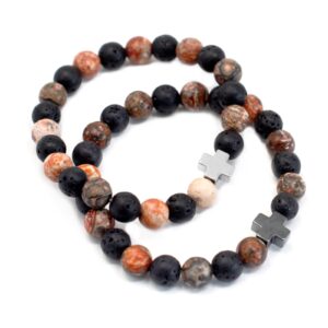 Set of two friendship bracelets featuring leopard skin jasper and lava stone.