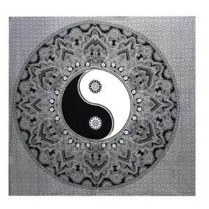 Black and white double cotton bedspread with a yin yang design, handmade in India.