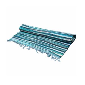 Small rag rug in soothing aqua blues, perfect for enhancing living spaces.