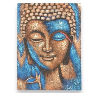 Hand-painted Buddha painting in bronze and blue with intricate detailing.