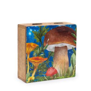 Teal square box with a mushroom design, perfect for storage or gifting.