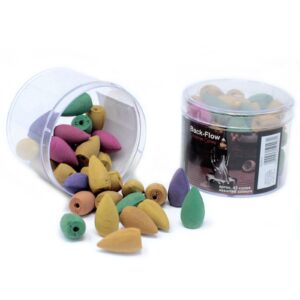 Assorted backflow incense cones in a tub, designed for unique smoke effects.