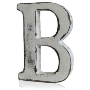 Handmade white letter 'B' from mango wood with a rustic finish.