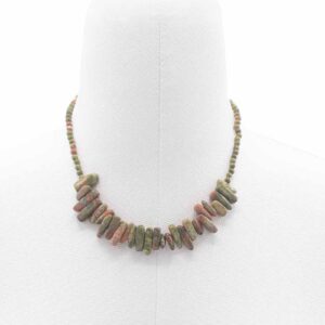 Longstone gem necklace featuring Unakite gemstones in green and pink hues.