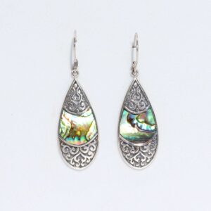Elegant teardrop oval earrings featuring abalone and silver accents.