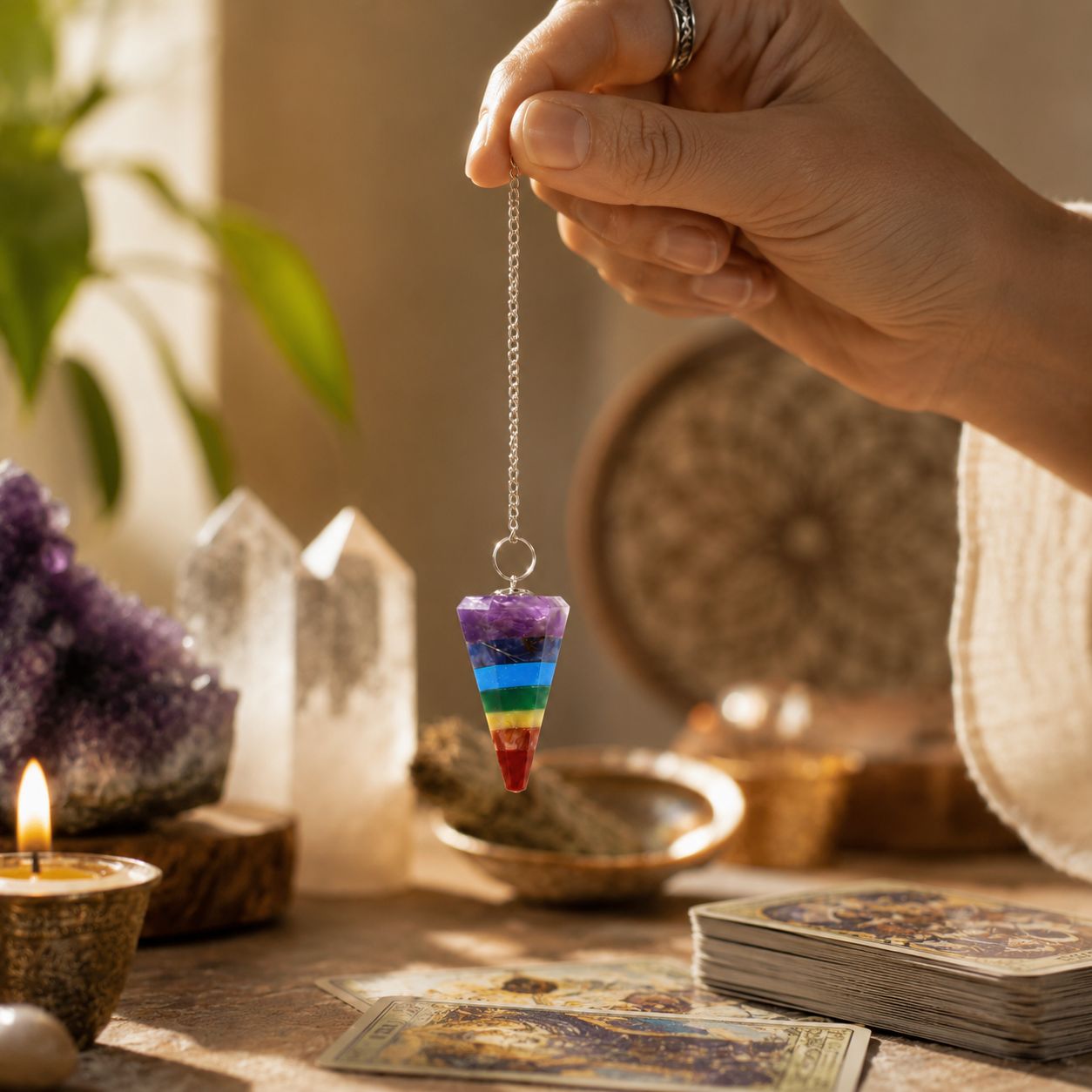 Unique 7 slice pendulum with a silver chain and gemstone bead for dowsing.