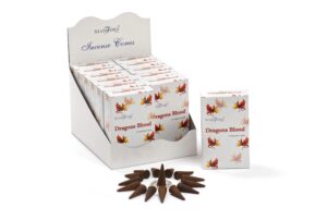 Stamford Premium Dragons Blood Incense Cones with metal holder for relaxation.