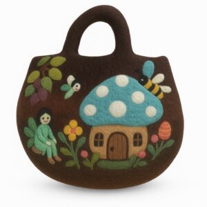 Felted bag designed for a fairy garden, showcasing intricate details and vibrant colours.