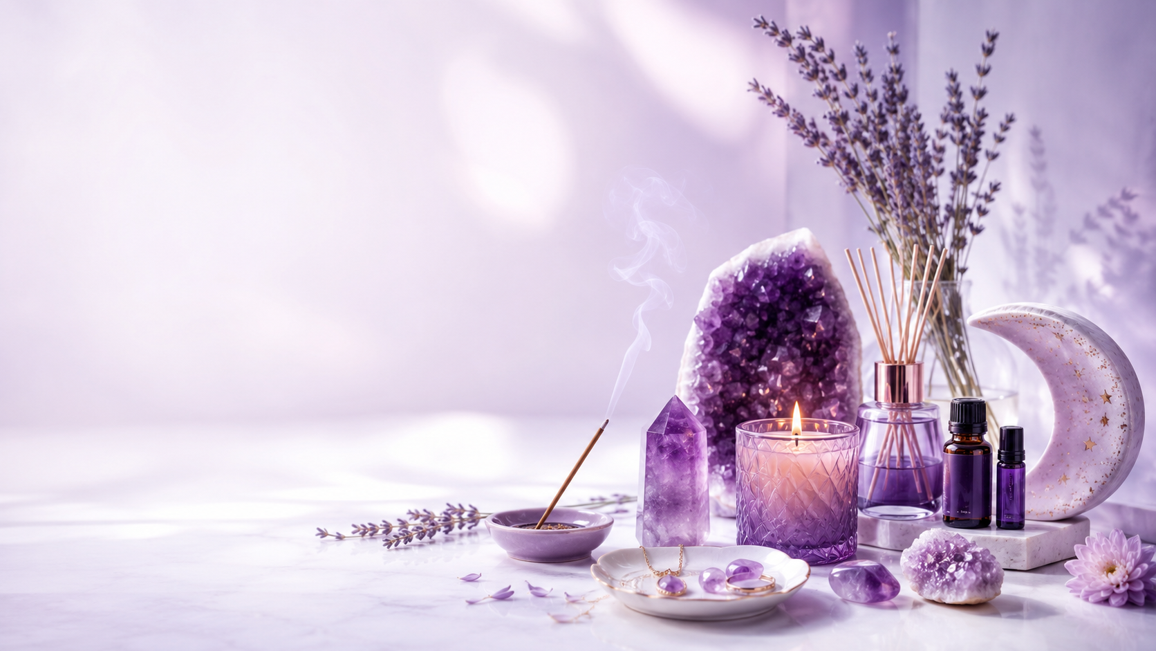 Amethyst crystals, a lit candle, burning incense, and essential oils arranged on a marble surface